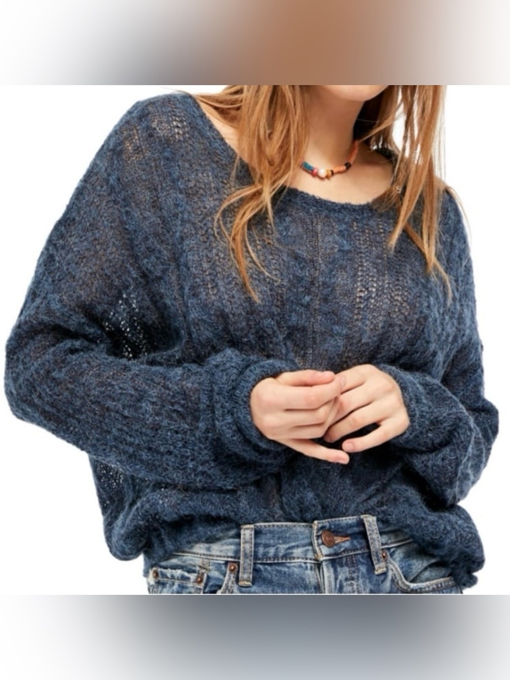 Free People “Angel” Blue Lightweight Open-Knit Cotton/Wool/Alpaca Blend Sweater